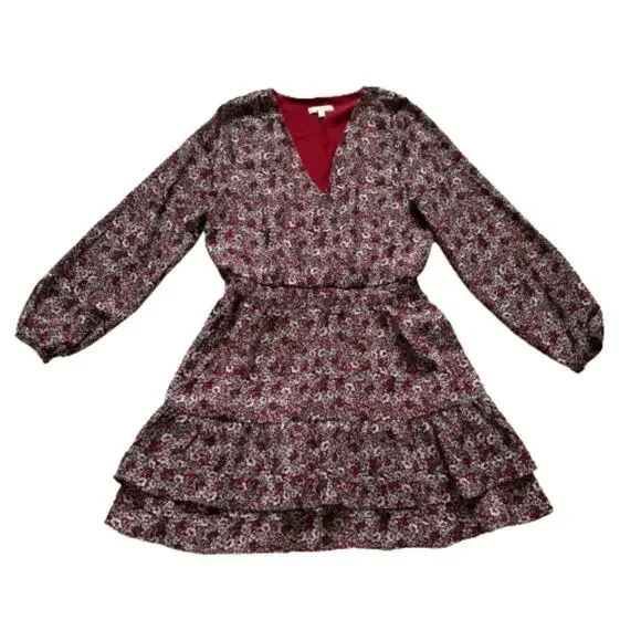 Nine Britton Dress Annika Red Burgundy Floral V-Neck Long Sleeve Tiered Large - Picture 13 of 13
